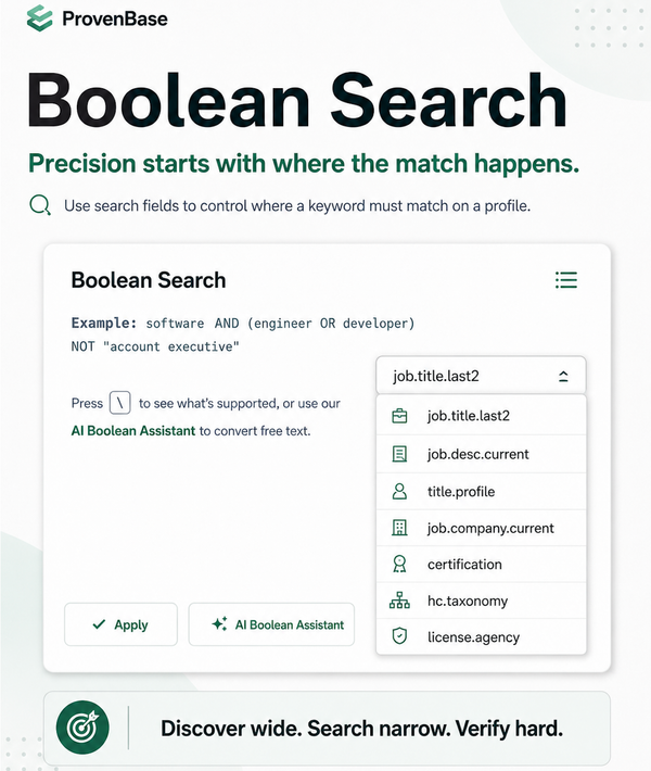 PROVENBASE FIELD SEARCH CHEATSHEET A Recruiter's Job Aid: 7 Power Plays  Built by Shally Steckerl, The Sourcing Method